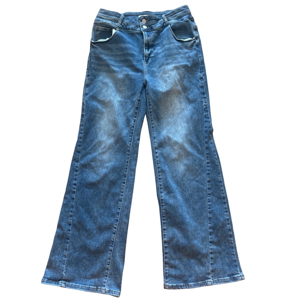 Risen Women Wide Leg High Waisted Jeans Med Wash Denim Double Button Relaxed Fit